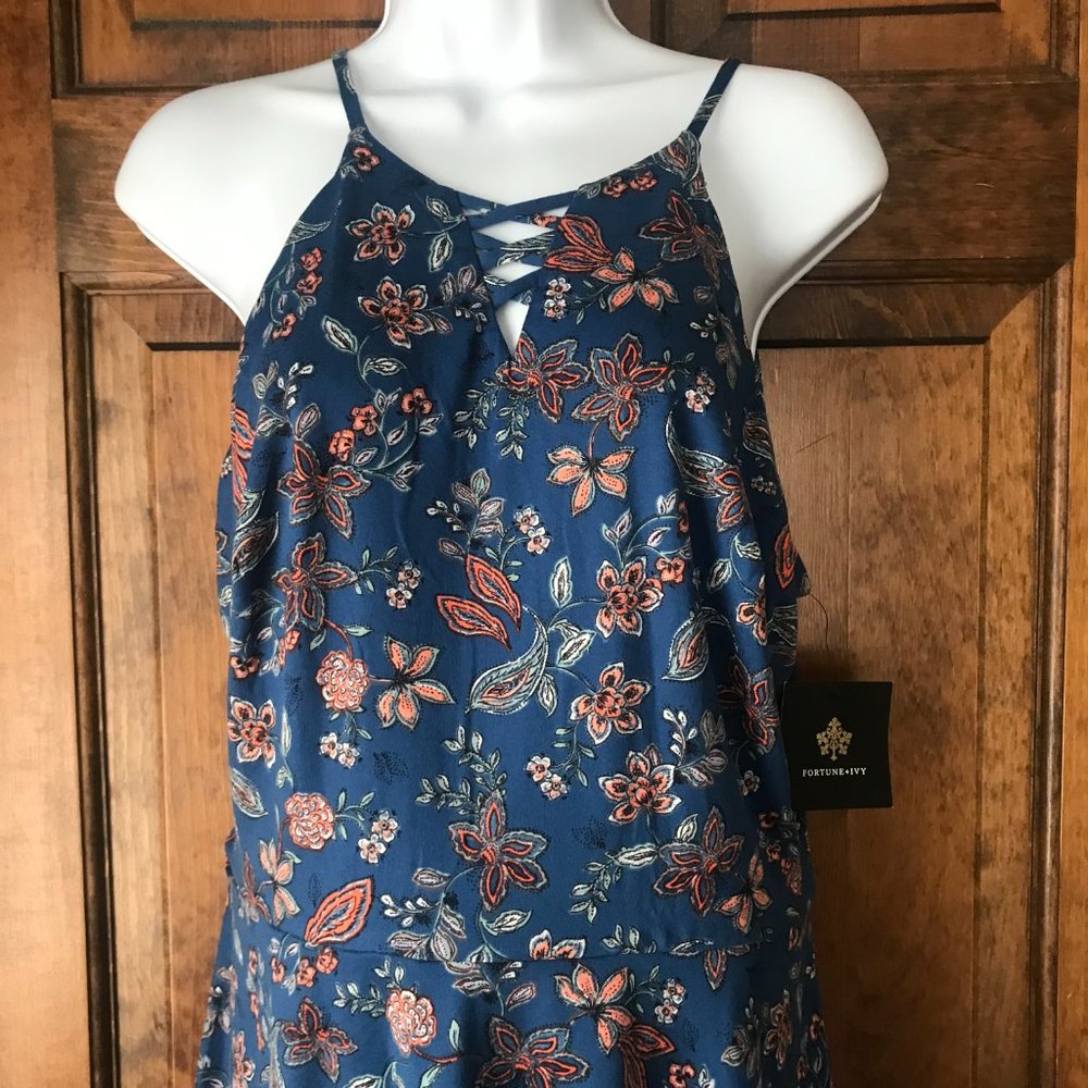 NWT Fortune + Ivy Blue w/Scattered Flowers Halter-Style Dress Large - Picture 2 of 10